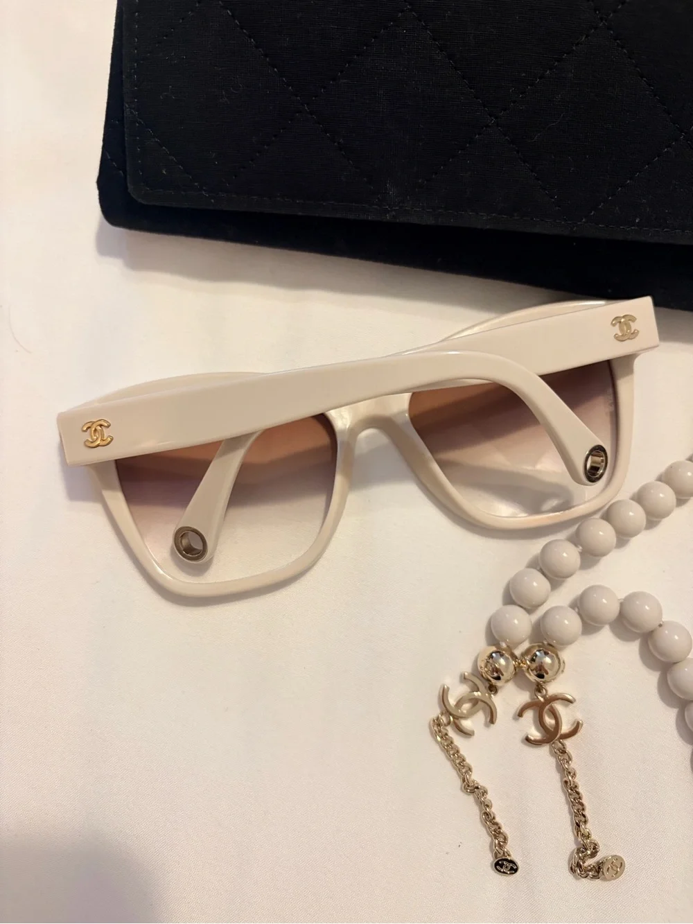 CHANEL Cream Sunglasses with Gold CC Hardware